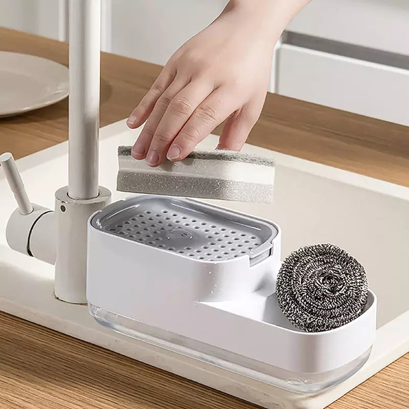 Dispensador de detergente y soporte de esponja para fregadero