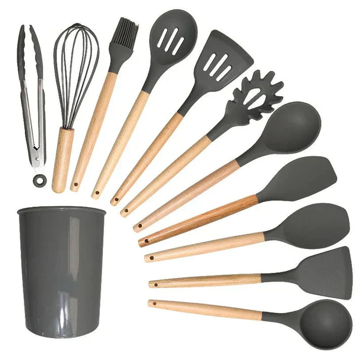 Silicone Kitchen Utensil Juego con asa de madera