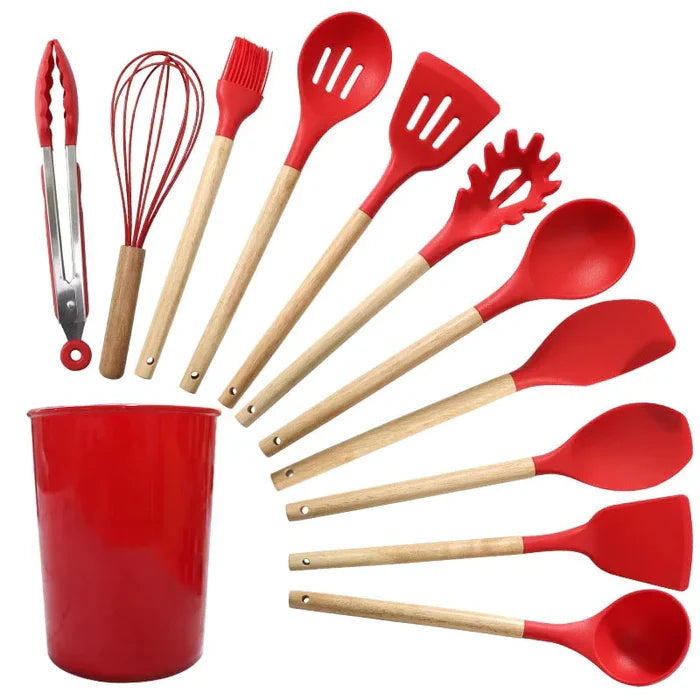 SET UTENSILE DELLA CUSTICA SILICO con manico in legno