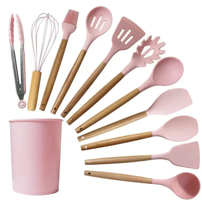 SET UTENSILE DELLA CUSTICA SILICO con manico in legno